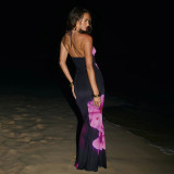 Spring Women's Casual Floral Halter Neck Lace-Up Slim Maxi Dress