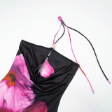 Spring Women's Casual Floral Halter Neck Lace-Up Slim Maxi Dress