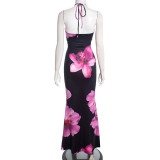 Spring Women's Casual Floral Halter Neck Lace-Up Slim Maxi Dress