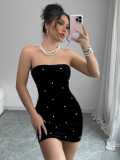 Women's Pearl Velvet Party Evening Dress