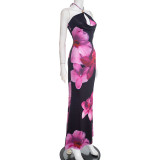 Spring Women's Casual Floral Halter Neck Lace-Up Slim Maxi Dress