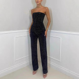 Women's Sexy Strapless Shiny Vest & Rhinestone Pants Two-Piece Set