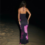 Spring Women's Casual Floral Halter Neck Lace-Up Slim Maxi Dress