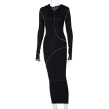 Spring Women's Solid Hooded Long Sleeve Street Style Bodycon Long Dress