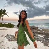 Women's Solid Chic Casual Mesh Long Sleeve Belt Low Back Mini Dress