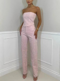 Women's Sexy Strapless Shiny Vest & Rhinestone Pants Two-Piece Set