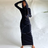 Spring Women's Solid Hooded Long Sleeve Street Style Bodycon Long Dress