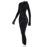 Spring Women's Solid Hooded Long Sleeve Street Style Bodycon Long Dress