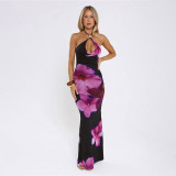 Spring Women's Casual Floral Halter Neck Lace-Up Slim Maxi Dress