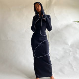 Spring Women's Solid Hooded Long Sleeve Street Style Bodycon Long Dress
