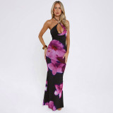 Spring Women's Casual Floral Halter Neck Lace-Up Slim Maxi Dress