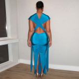 Spring Women's Solid Ruched Hollow Low Back Sleeveless Maxi Dress