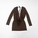 Spring Women's Solid Plunge Neck Lace-up Backless Mesh Long Sleeve Bodycon Mini Dress