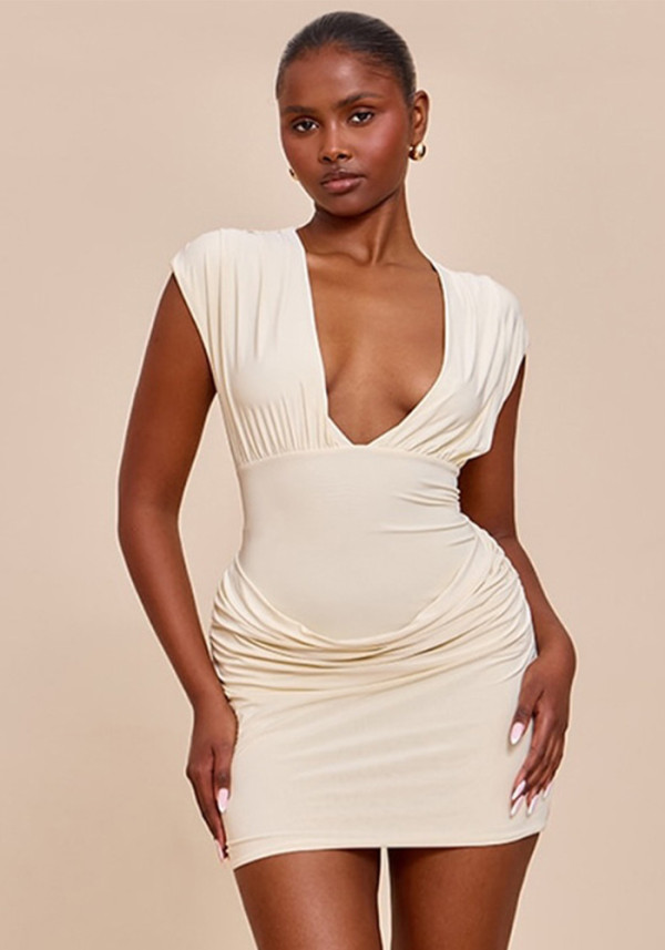 Autumn Women's Chic Elegant V-Neck Ruched Mini Dress