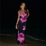 Spring Women's Casual Floral Halter Neck Lace-Up Slim Maxi Dress