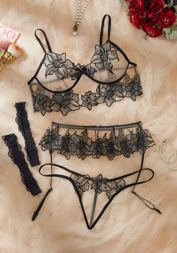 Women's Embroidered Floral Lace See-Through Open-Crotch Lingerie Set