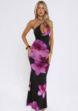 Spring Women's Casual Floral Halter Neck Lace-Up Slim Maxi Dress