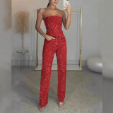 Women's Sexy Strapless Shiny Vest & Rhinestone Pants Two-Piece Set