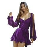 Women's Solid Chic Casual Mesh Long Sleeve Belt Low Back Mini Dress