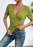 Women's Elegant Ribbed Short-Sleeve V-Neck T-Shirt