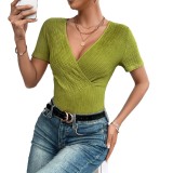 Women's Elegant Ribbed Short-Sleeve V-Neck T-Shirt