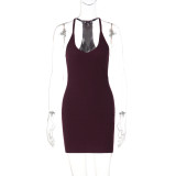 Women's Solid Sexy V-Neck Halter Neck Backless Bodycon Dress