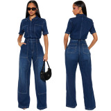 Women's Streetchy Washed Denim Short-Sleeve Wide-Leg Bell Bottom Jumpsuit
