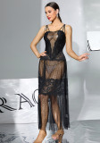 Women's Black Lace Camisole See-Through Sexy Polka Dot Mesh Nightgown