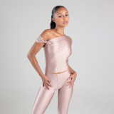 Women's Sexy Solid Slash Shoulder Knot Top and Pant Two-Piece Set