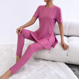 Women's Solid Spring/Summer Casual Short-Sleeve Ribbed Top and Pant Two-Piece Set