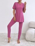 Women's Solid Spring/Summer Casual Short-Sleeve Ribbed Top and Pant Two-Piece Set