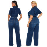 Women's Streetchy Washed Denim Short-Sleeve Wide-Leg Bell Bottom Jumpsuit