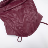 Women's Winter Pu Leather Pleated Fishbone Lace-Up Strapless Top
