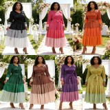 Plus Size African Women's Pleated Color Block Elegant Maxi Dress