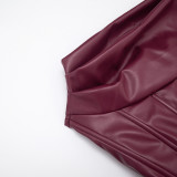 Women's Winter Pu Leather Pleated Fishbone Lace-Up Strapless Top