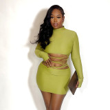 Women's Winter Solid Round Neck Hollow-out Lace-up Long-sleeved Bodycon Dress