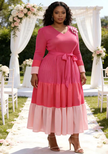 Plus Size African Women's Pleated Color Block Elegant Maxi Dress