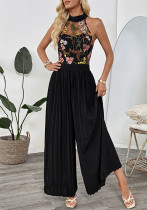 Women's Summer Sleeveless See-Through Halter Neck Sleeveless Lace Embroidered Patchwork Pleated Wide-Leg Jumpsuit