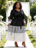 Plus Size African Women's Pleated Color Block Elegant Maxi Dress