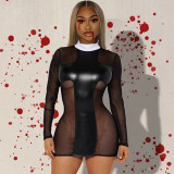 Women's Spring See-Through Mesh Patchwork Pu Leather Dress