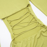 Women's Winter Solid Round Neck Hollow-out Lace-up Long-sleeved Bodycon Dress