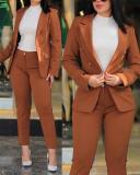 Women's Casual Solid Blazer and Pant Two-Piece Set