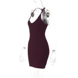 Women's Solid Sexy V-Neck Halter Neck Backless Bodycon Dress