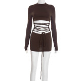 Women's Winter Solid Round Neck Hollow-out Lace-up Long-sleeved Bodycon Dress