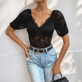 Women's Summer Lace Solid Sexy Short-Sleeve Jumpsuit