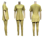 Women's Solid Spring/Summer Casual Short-Sleeve Ribbed Top and Pant Two-Piece Set