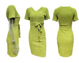 Women's Spring/Summer Sexy Tie-Waist V-Neck Short-Sleeve Bodycon Dress
