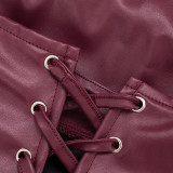 Women's Winter Pu Leather Pleated Fishbone Lace-Up Strapless Top