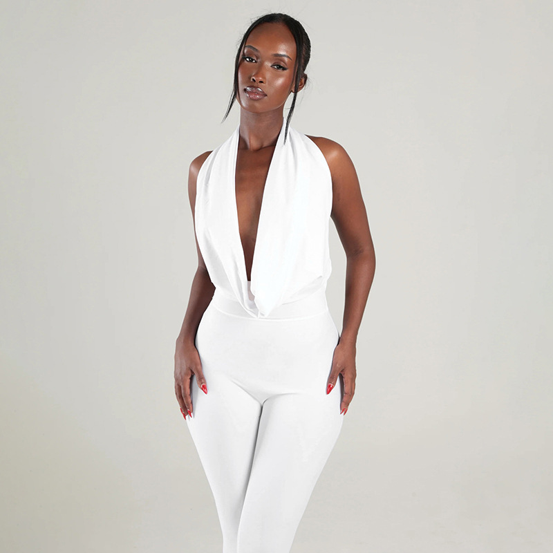Draped Neck Backless Tie-Up Jumpsuit for Summer Evenings