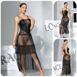 Women's Black Lace Camisole See-Through Sexy Polka Dot Mesh Nightgown